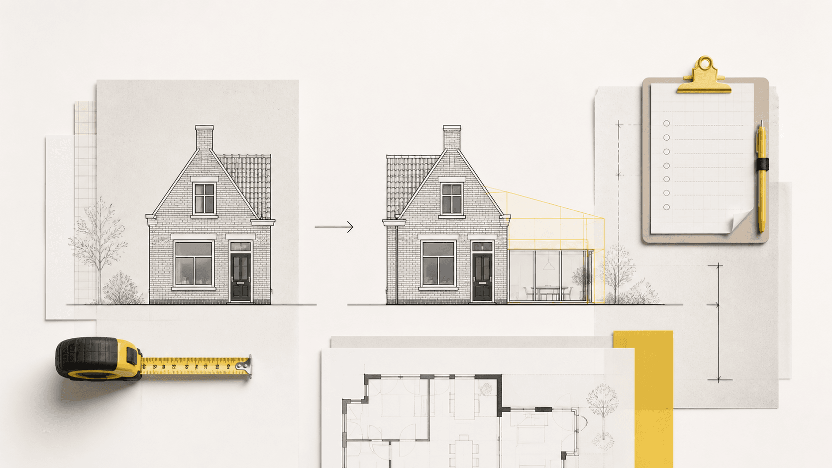 Voorbereiding van een verbouwing met bestaande en nieuwe woningtekening